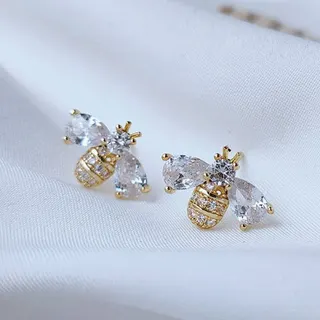 Bee Animal Zircon Stud Earrings 14K Gold Plated 925 Silver Post, Sweet Luxury Paved Crystal Bee Earrings for Women, Pair