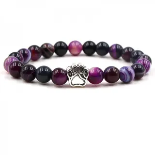 Purple Stripe Agate Dog Paw Elastic Bracelet 8mm Beads Seven Chakra Crystal Wristband Alloy Paw Charm Pet Lover Jewelry 19cm