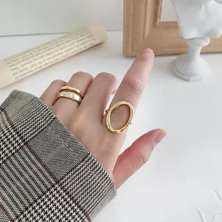 Gold Open Ring Adjustable Geometric Hollow Oval Ring for Women, Lightweight Alloy 18K Gold Plated Stackable Finger Ring