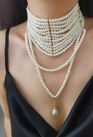 Multi-Strand Pearl Necklace Women Luxury French Vintage Teardrop Tassel Pendant Layered Choker Imitation Pearl Gold Wedding Party Collarbone Chain