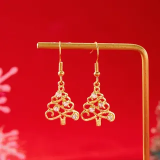 Christmas Tree Earrings for Women, Gold Plated Alloy Dangle Earrings with Rhinestone Crystal, Hollow Out Holiday Party Jewelry, Xmas Gift for Her