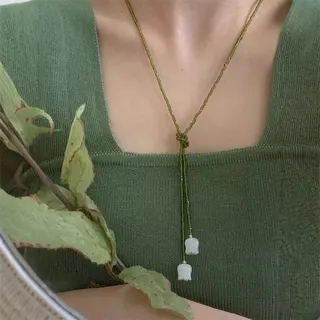 Lily of the Valley Beaded Necklace, Green Multi-Way Long Chain, Resin & Crystal Handmade Knot Pendant, Boho Vintage Fashion Jewelry for Women