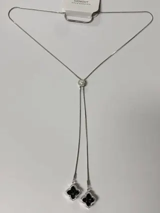 Lariat Necklace for Women, Four-Leaf Clover Drop Pendant, Silver Plated Alloy with Black Stone & Zircon, Elegant Y-Chain Long Necklace