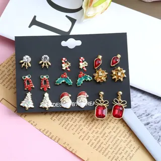 Christmas Earrings Set 9 Pairs, Alloy 18K Gold Plated Rhinestone Studs, Christmas Tree Santa Candy Cane Wreath Gift Box, Holiday Party Jewelry Gift