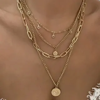 Multi-Layer Gold Necklace with Rhinestone Coin Pendant, 18K Gold Plated Alloy Statement Layered Chain for Women