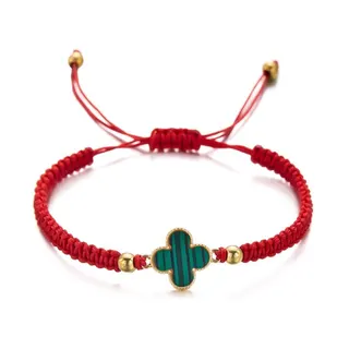 Clover Braided Bracelet for Women, Red String Lucky Charm Bezel-Set Alloy 18K Gold Plated, Adjustable 16-26cm, Red White Lucky Hand Chain