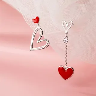 Red Heart Dangle Earrings Asymmetric Zircon Enamel Drop Earrings White Gold Plated Sterling Silver Post Valentine Gift