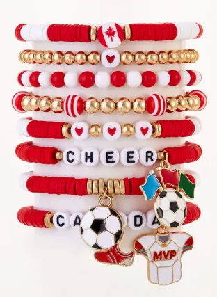 World Cup Cheer Bracelet Set of 7 - Red White Beaded Soft Clay & CCB, Soccer Ball MVP Jersey Maple Leaf CHEER CANADA Letters, Fan Girl Matchday Stackable Accessories 6-12cm