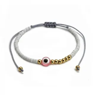 Evil Eye Bracelet for Women, White Seed Beads with Pink Evil Eye Charm & Gold Beads, Adjustable Grey Cord Boho Beaded Bracelet 16-30cm