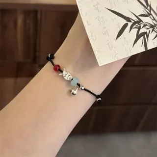 Fish Leaping Dragon Gate Bracelet, New Chinese Style Adjustable Black Cord Bracelet with Silver Fish Charm & Bell, Alloy + Resin Beads, Gift for Women Students