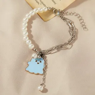 Cute Ghost Charm Bracelet, Imitation Pearl Bead & Silver Chain, Alloy Enamel Cartoon Pendant, Adjustable Lobster Clasp, Sweet Kawaii Jewelry for Women