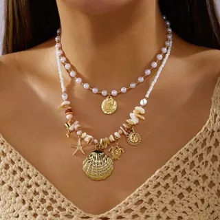 Boho Beach Shell Necklace Set - 2pcs Pearl & Rice Bead Sea Star Choker, Gold Alloy, 36+5cm, Summer Vacation Layered Jewelry for Women
