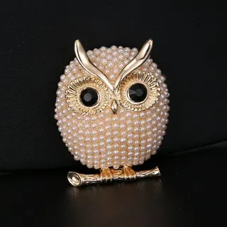 Vintage Owl Brooch Pearl Beaded 18K Gold Plated Black Eye Stone Fashion Pin Gift for Women