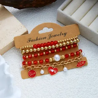 Valentine's Day Red Heart Crystal Pearl Bracelet 5-Piece Set, 18K Gold Plated Alloy Beaded Stackable Bracelets, 18cm Gift Pack