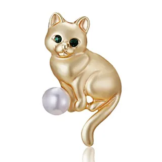 Cute Kitten Pearl Brooch, Matte Gold Alloy Animal Pin with Green Gemstone Eyes & Pearl, Fashion Lapel Bag Accessory Gift for Women