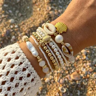 Bohemian Ocean Pearl Shell Bracelet Set - Sea Turtle & Cowrie Shell Beaded Multi-Layer Wristband, 18cm Elastic, Gold Alloy & Imitation Pearl, Beach Vacation Jewelry for Women