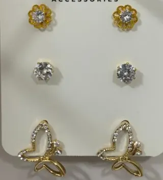 Luxury French Flower Butterfly Zircon Stud Earrings, 18K Gold Plated Alloy Rhinestone Earrings Set of 3, Daily Commute Date Gift Jewelry