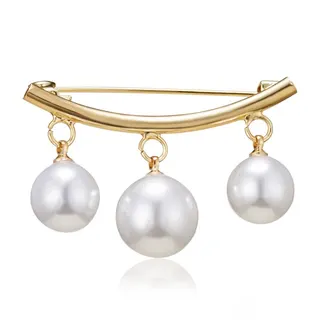 3 Pearl Bar Brooch Anti-Exposure Pin, White Rhodium Plated Alloy with Round Pearls, Elegant French Vintage Dangle Brooch for Blouse Suit Dress, 4x2.7cm