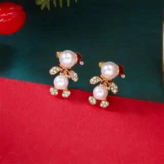 Christmas Pearl Bear Earrings for Women, Alloy 18K Gold Plated Rhinestone Cute Holiday Dangle Earrings, Red White Festive Gift Jewelry