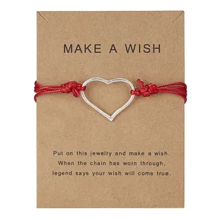 Make a Wish Heart Bracelet - Silver Tone Hollow Heart Charm with Red Braided Cord, Adjustable Woven Bracelet for Women, Gift Card Packaging