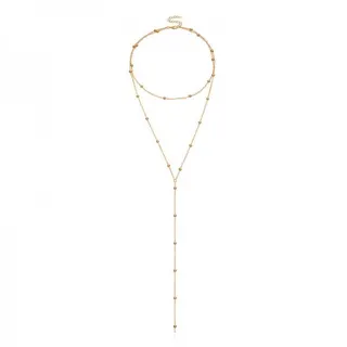 Double Layer Gold Necklace with Geometric Bead Tassel, 18K Gold Plated Alloy Clavicle Chain, Minimalist French Style Long Dangle Pendant for Women
