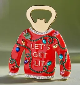 Christmas Sweater Bottle Opener, Enamel & Rhinestone Alloy Beer Opener, Let's Get Lit Holiday Party Gift, 18K Gold Plated Fun Bar Accessory