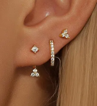 Luxury Zircon Flower Earring Set 3pcs Gold Plated Copper, Square Stud + Butterfly Stud + Diamond Hoop + Dangle Ear Cuff, Multi Piercing Stackable Jewelry