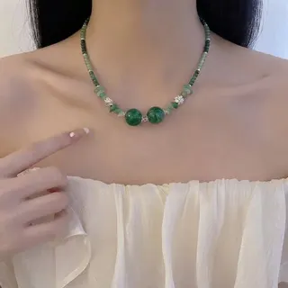 Green Beaded Necklace Women - Crystal & Acrylic Irregular Choker with Silver Flower Accents, 11cm Clavicle Chain, Light Luxury New-Chinese Style