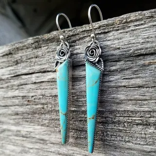 Vintage Boho Rose Turquoise Triangle Dangle Earrings - Antique Silver Hook Earrings with Beaded Edge, 4.8x1.3cm, Pair