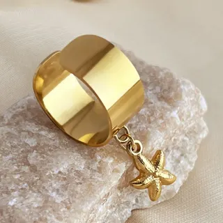 Gold Stainless Steel Starfish Charm Ring - Adjustable Wide Open Band, 18K Gold Plated Tarnish Free, Boho Feather Sun Drop Ring for Women, Stackable Jewelry Gift
