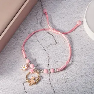 Pink Cat & Flower Braided Bracelet - Adjustable Beaded Hand Rope with Rose Gold Cat Charm, Sweet Girl Style Gift for Women Girls