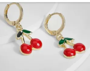 Cherry Dangle Hoop Earrings for Women, 18K Gold Plated Copper with Enamel Red Cherries & Green Leaves, Sweet French Vintage Fruit Earrings, 3.5cm Pair