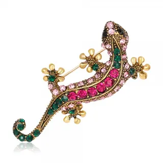 Vintage Gecko Brooch for Women, Gold Tone Alloy Crystal Pin, Hand-Set Multi-Color Rhinestone Animal Brooch, French Retro Fashion Accessory 5.1x2.8cm