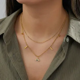 Evil Eye Double Layer Necklace, 18K Gold Plated Stainless Steel, Zircon Evil Eye Pendant, Minimalist Layered Choker for Women