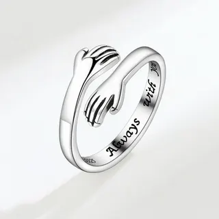 I Love U Forever Hand Embrace Ring, Adjustable Open Band, Sterling-Look Alloy with Engraved 'forever' & Heart, Romantic Couple Gift for Women