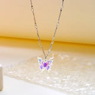 Butterfly Necklace for Women, Copper Base with 18K Gold-Plated Silver Finish, Enamel Gradient Purple Pink Blue Butterfly Pendant, 40+5cm Adjustable Clavicle Chain, Gift for Her