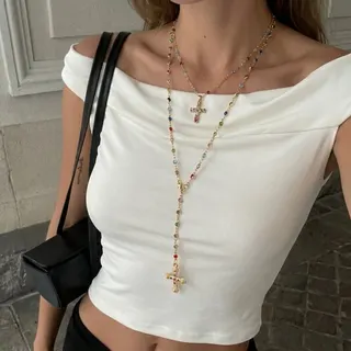 Colorful Crystal Cross Y-Shape Layered Necklace 2-Piece Set, Gold Alloy with Multi-Color Zircon, 40+5cm & 70cm, Vintage Religious Style Pendant Chain for Women