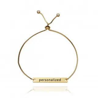 Personalized Engraved Bar Bracelet for Women, Stainless Steel Adjustable Box Chain with Zircon Beads, Minimalist Custom Name/Date Gift for Couples