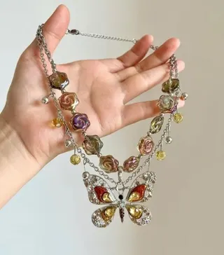 Butterfly Necklace Vintage French Court Style Multi-Layer Rose Bead Chain Rhinestone Butterfly Pendant White Gold Alloy 33+5cm Bohemian Choker for Women