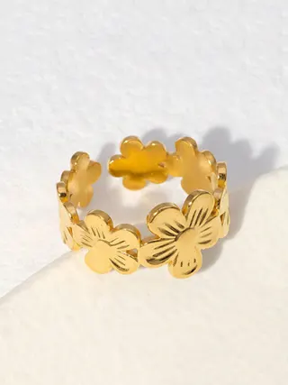 Gold Flower Open Ring for Women, Stainless Steel 18K Gold Plated, Adjustable Petal Engraved Statement Finger Ring, French Vintage Jewelry