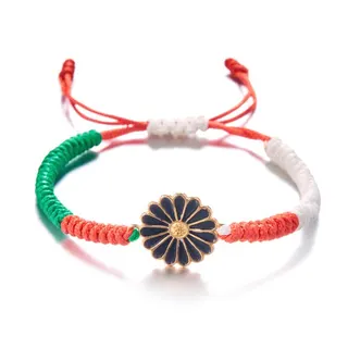 Palestine Flag Color Woven Daisy Bracelet - Alloy Enamel Flower Charm with Hand-knotted Adjustable Cord, Black White Green Red, 2pcs Set