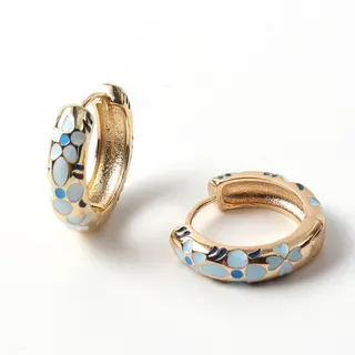 Vintage Floral Enamel Hoop Earrings, Blue Drip-Paint C-Sharp Ear Clips, 18K Gold Plated Copper, Sweet French Style, 1.5cm Pair