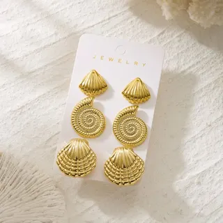 Ocean Beach Earrings Set of 3 - Gold Starfish, Spiral Shell & Scallop Studs, Boho Vacation Jewelry, CCB Gold-Plated 3D Embossed Earrings for Women