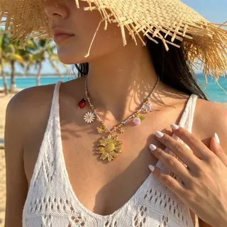 Boho Sunflower Daisy Ladybug Butterfly Beaded Necklace, Stainless Steel 18K Gold Plated Adjustable Choker 42+5cm, Summer Beach Vacation Jewelry for Women