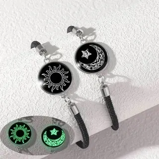 Sun & Moon Glow in the Dark Couple Bracelet, Stainless Steel Glass Bead Charm with Braided Cord, Black & Red Pair Set, Gift for Him and Her