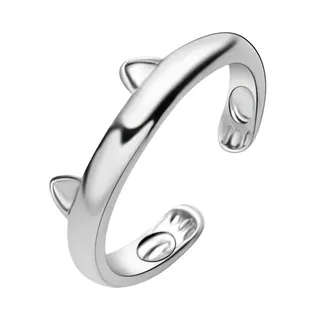 Cute Cat Ear & Paw Open Ring, Adjustable Alloy White Gold Plated, Shiny Polished Kitten Finger Ring for Women, Gift Jewelry