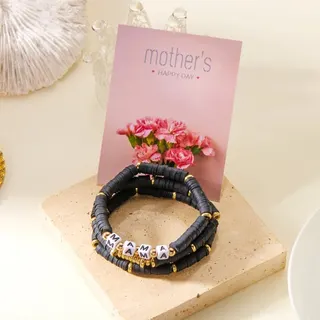 Mother's Day MAMA Beaded Bracelet Set of 3 - White String Wrap with Gold Spacer Beads & Clay Letter Charms, 18cm, Gift for Mom