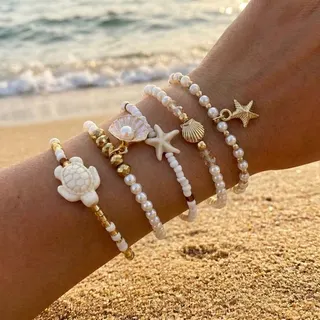Ocean Beach Bracelet Set of 5 - Starfish Shell Sea Turtle Pearl Beaded Bracelets, 18K Gold Plated Alloy & Imitation Pearl, Boho Summer Stackable Jewelry, 18cm
