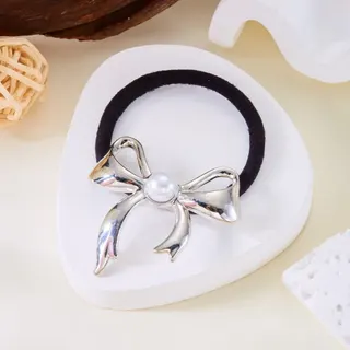 Silver Pearl Bow Hair Tie - Alloy Mirror-Finish Elastic Hair Band with Imitation Pearl Center, French Vintage Sweet Hair Accessory for Women