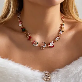 Christmas Reindeer Santa Snowman Socks Enamel Necklace, 18K Gold Plated Alloy Choker Chain, Festive Holiday Jewelry Gift for Women, 40+5cm Adjustable